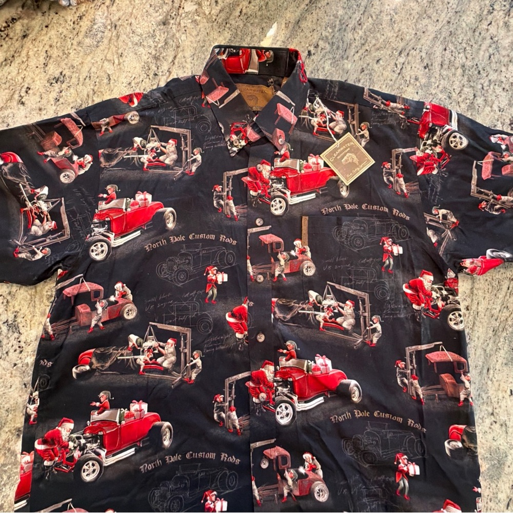 Men’s North Pole Hot Rod Santa and Elves Button Down Shirt NWT